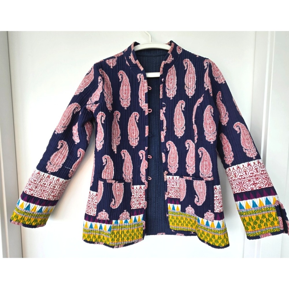 Quilted Jacket Stitched‎ Handmade Cotton Paisley Mandarin Collar Pockets W's M